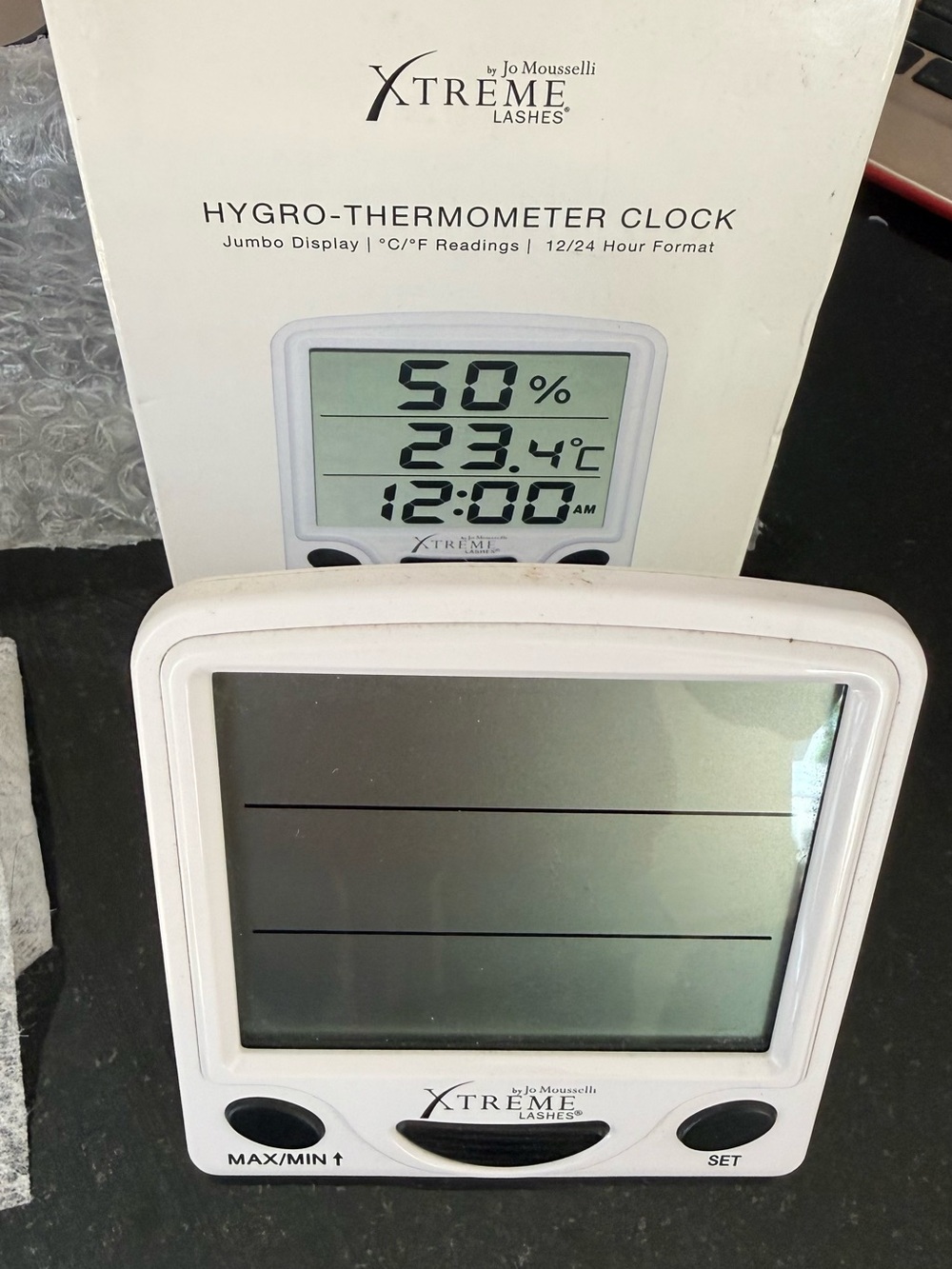 Xtreme Lashes by Jo Mousselli Digital Hygro-Thermometer Clock - White